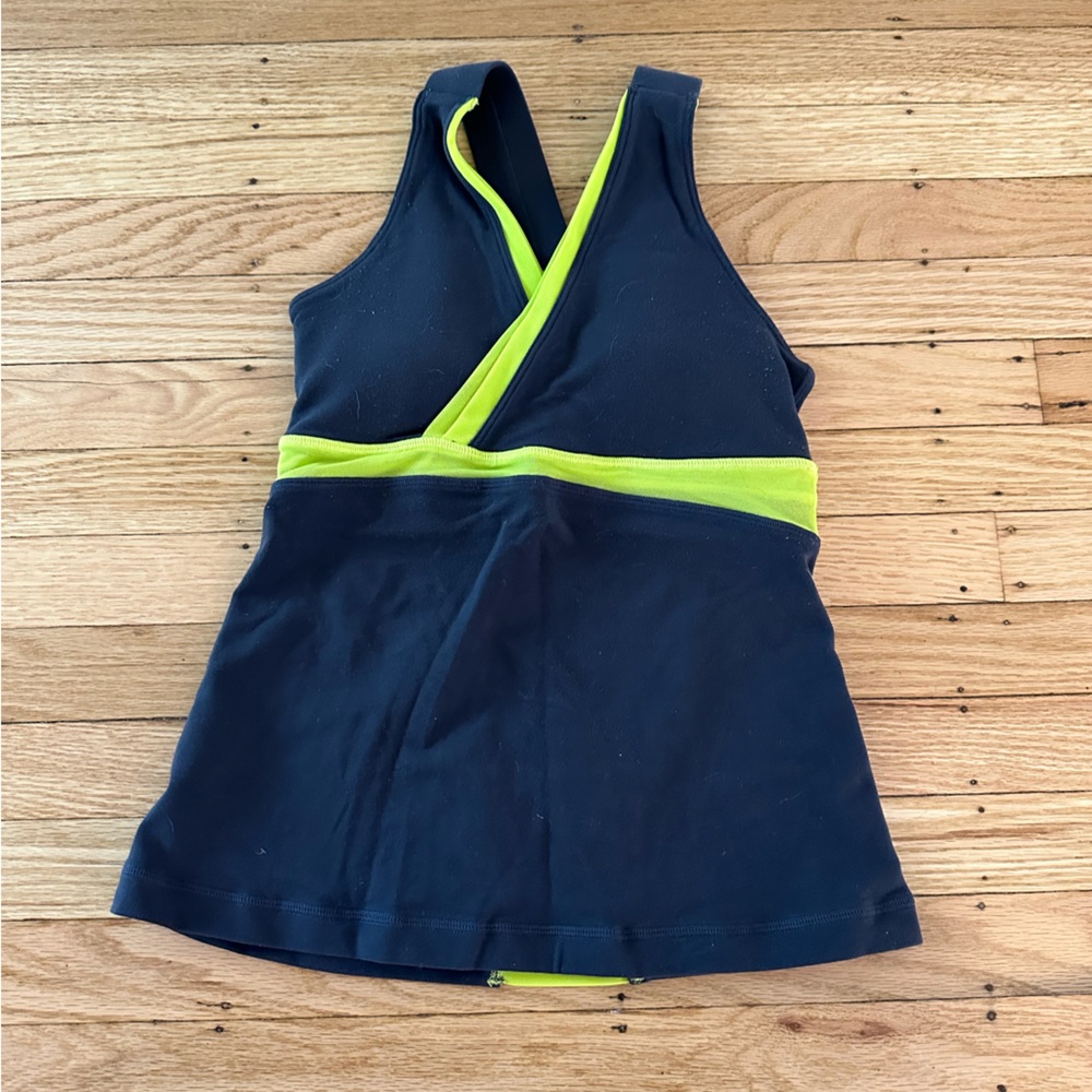 Lululemon Deep V Dark Grey and Neon Yellow Mesh Workout Top